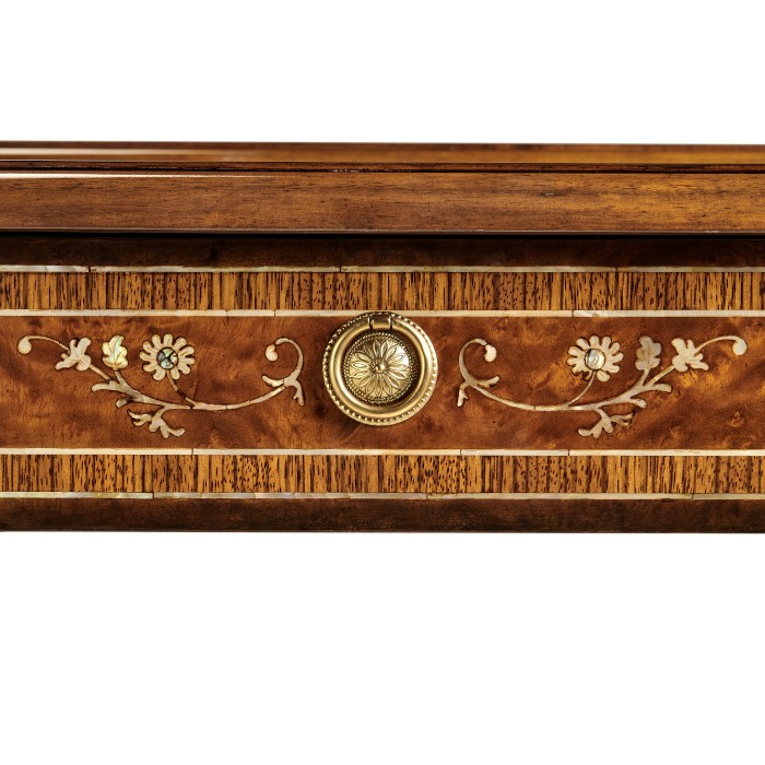 Burl and mother of pearl inlaid nest of two tables with carved legs