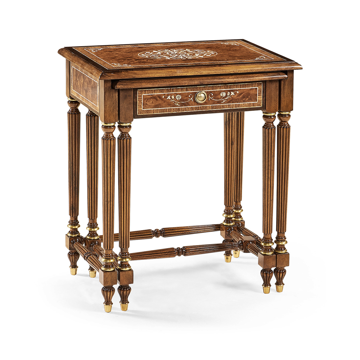 Burl and mother of pearl inlaid nest of two tables with carved legs