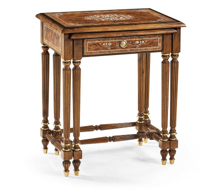 Burl and mother of pearl inlaid nest of two tables with carved legs
