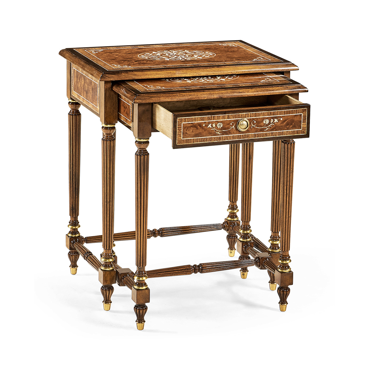 Burl and mother of pearl inlaid nest of two tables with carved legs