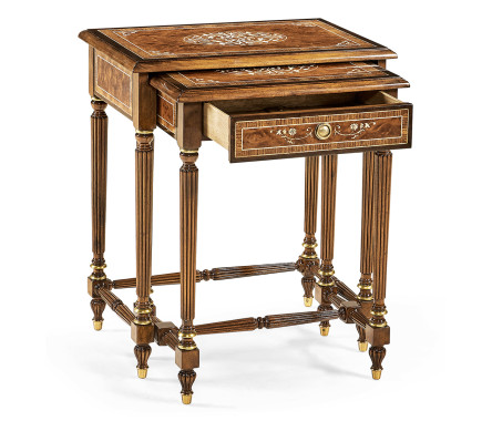 Burl and mother of pearl inlaid nest of two tables with carved legs