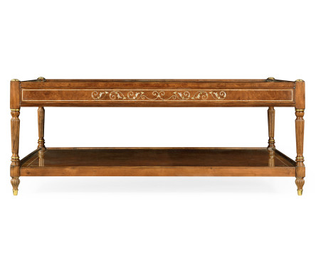 Burl and mother of pearl inlaid square coffee table