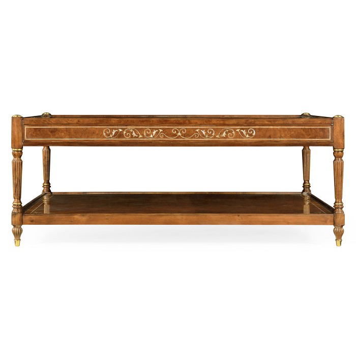 Burl and mother of pearl inlaid square coffee table