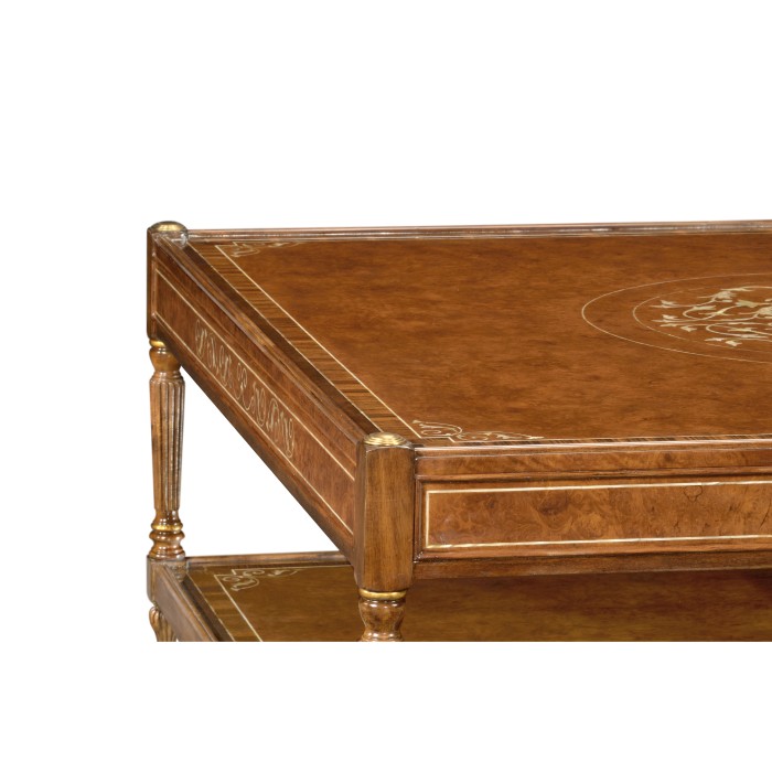 Burl and mother of pearl inlaid square coffee table