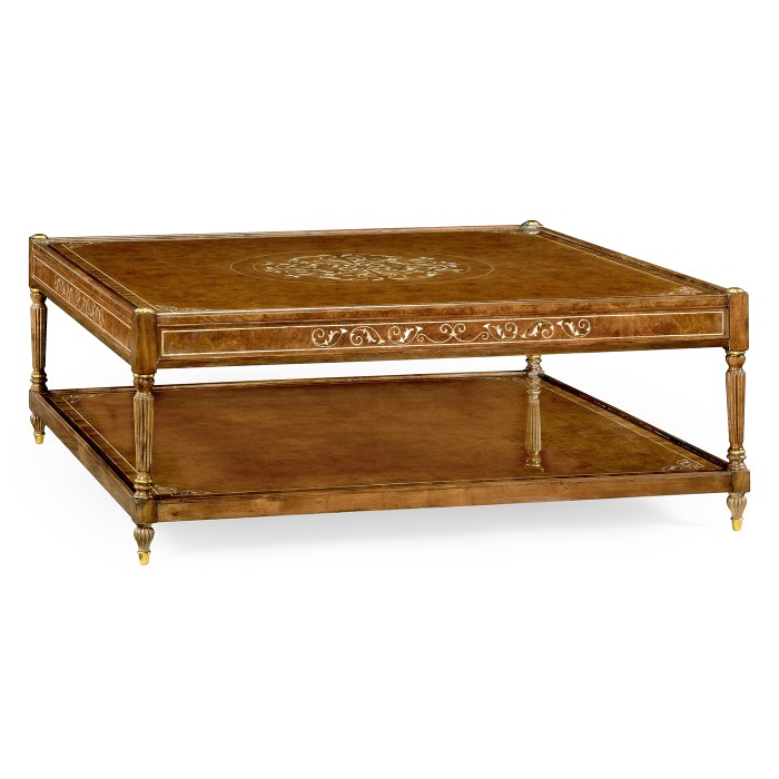 Burl and mother of pearl inlaid square coffee table