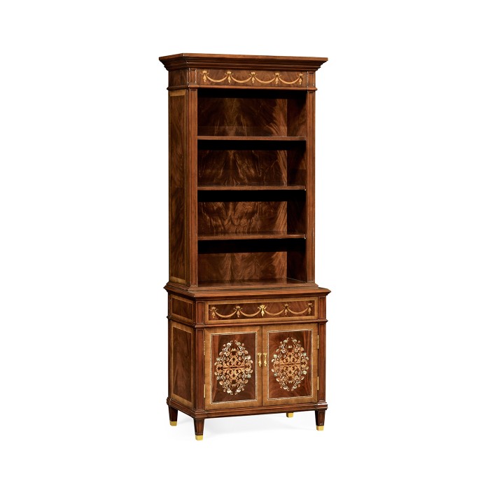 Tall Mahogany & Mother of Pearl Bookcase on Chest