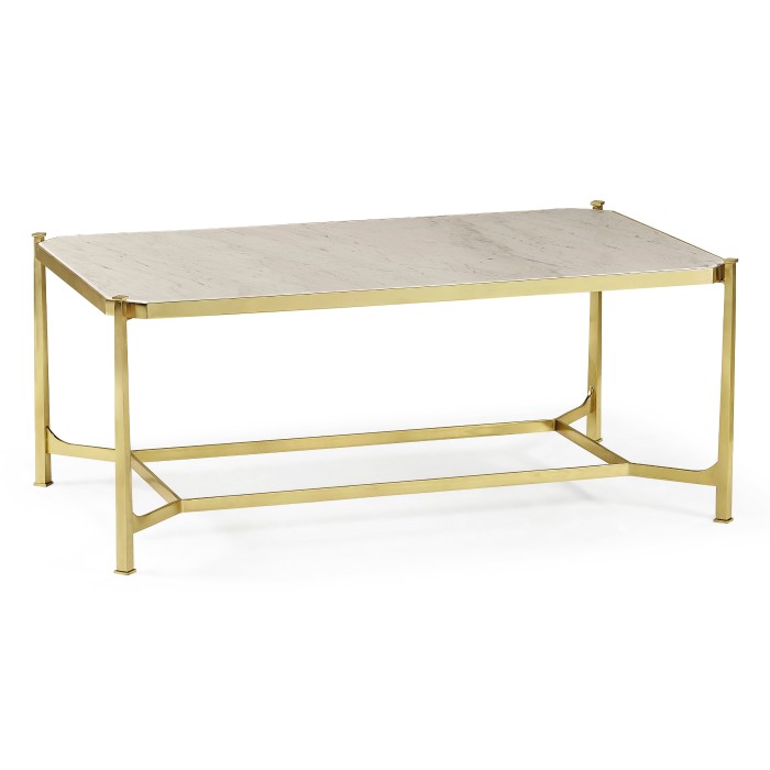Rectangular Solid Brass & Blanco Equador Marble Top Coffee Table