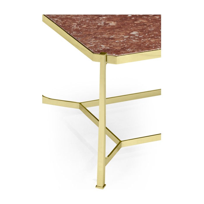 Rectangular Solid Brass & Red Brazil Marble Top Coffee Table