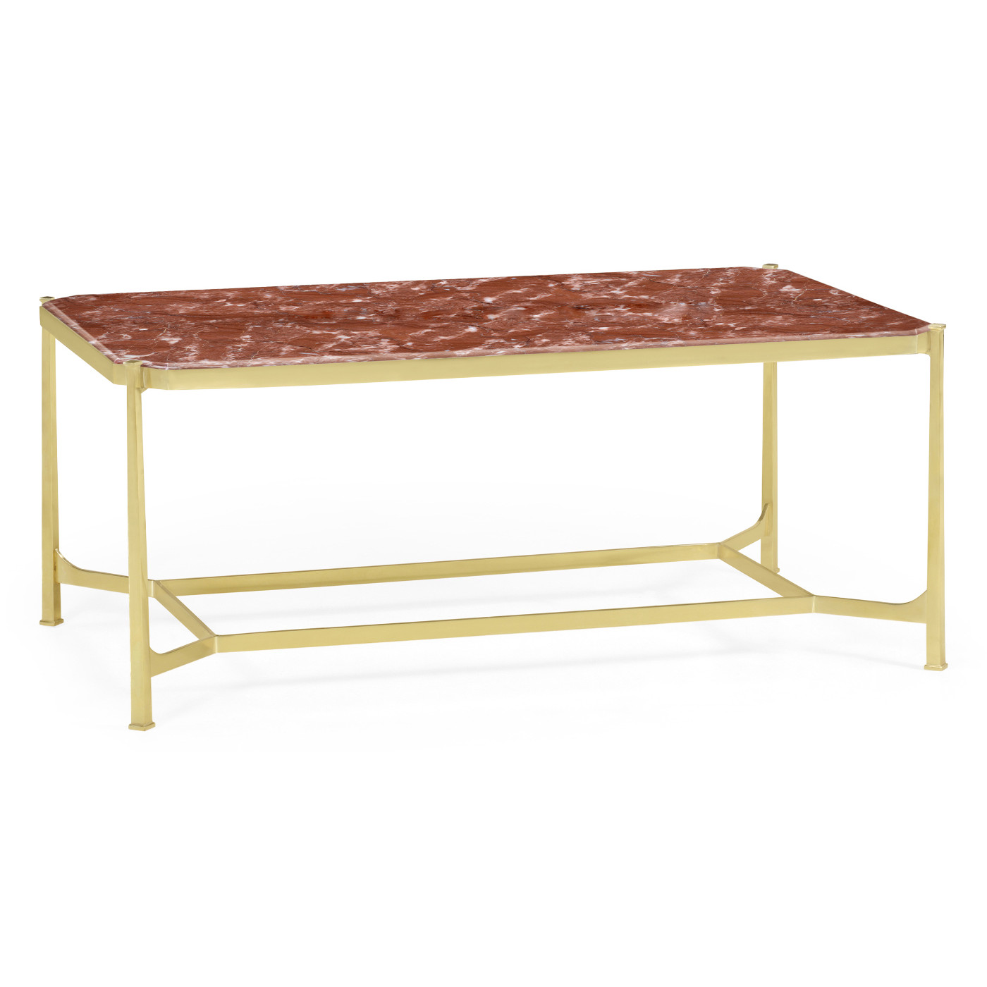Rectangular Solid Brass & Red Brazil Marble Top Coffee Table
