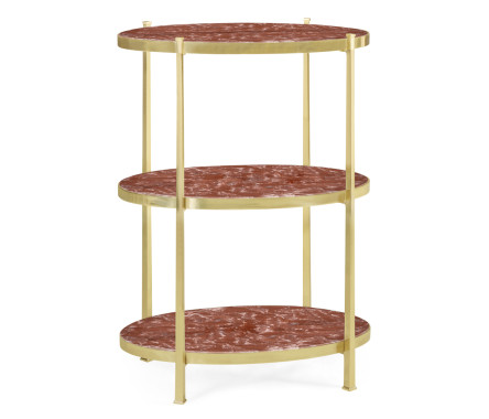 Large Solid Brass & Red Brazil Marble Three-Tier End Table