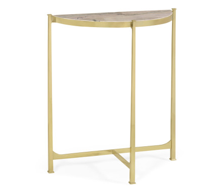 Small Solid Brass & Blanco Equador Marble Top Demilune Console Table