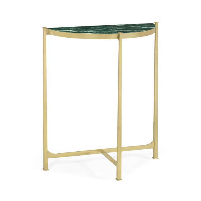 Small Solid Brass & Green Napoly Marble Top Demilune Console Table