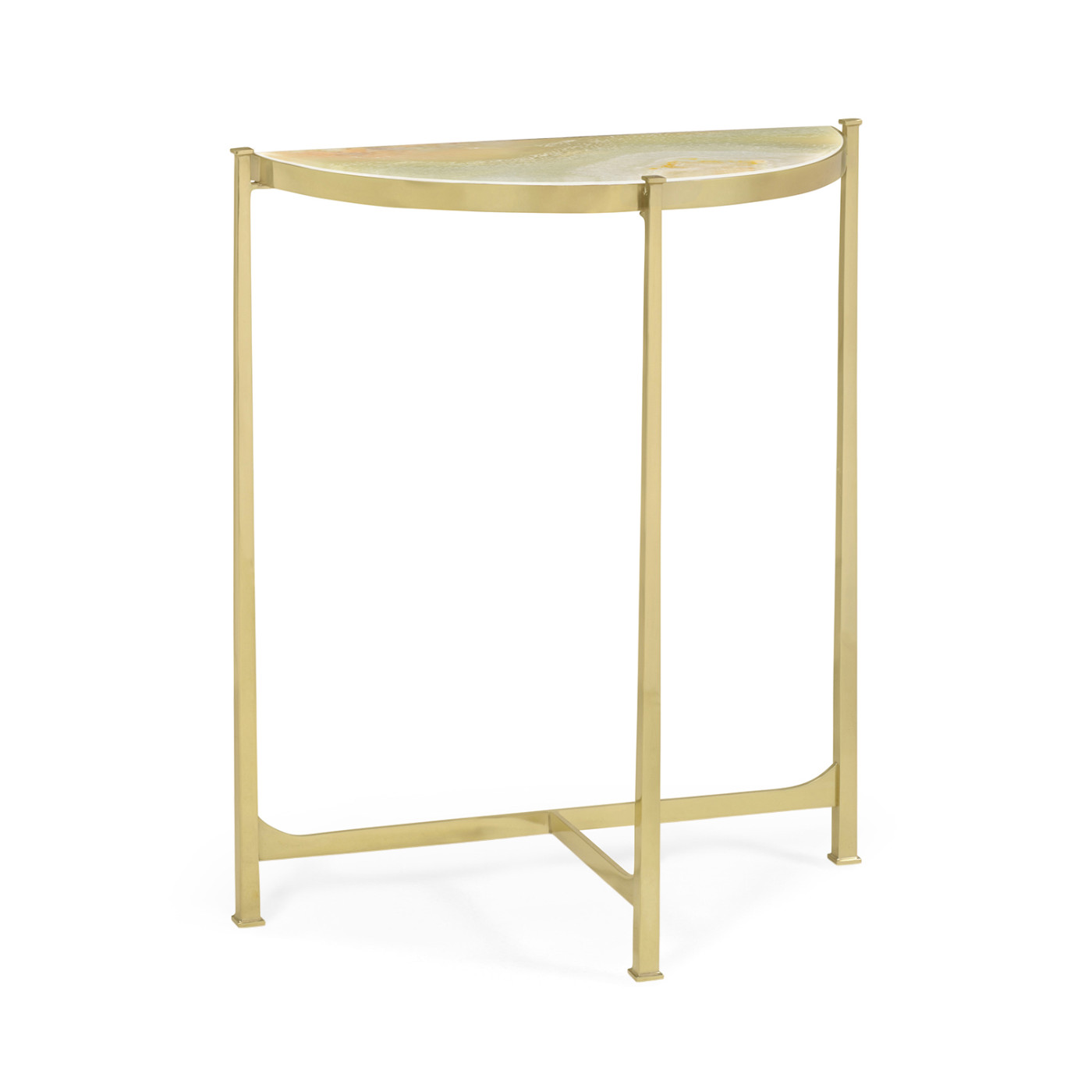 Small Solid Brass & Green Onyx Top Demilune Console Table