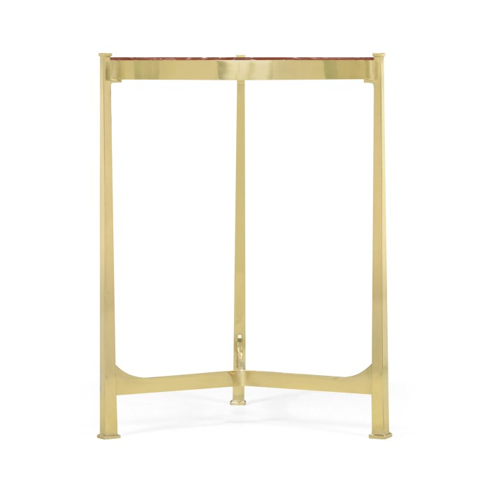 Small Solid Brass & Red Brazil Marble Top Demilune Console Table