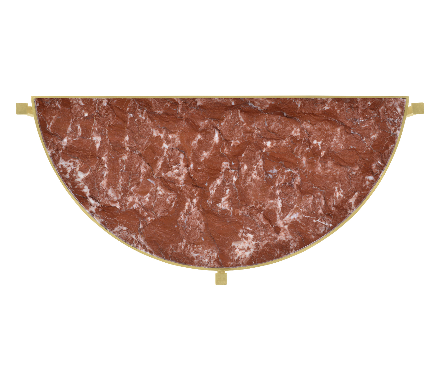 Small Solid Brass & Red Brazil Marble Top Demilune Console Table