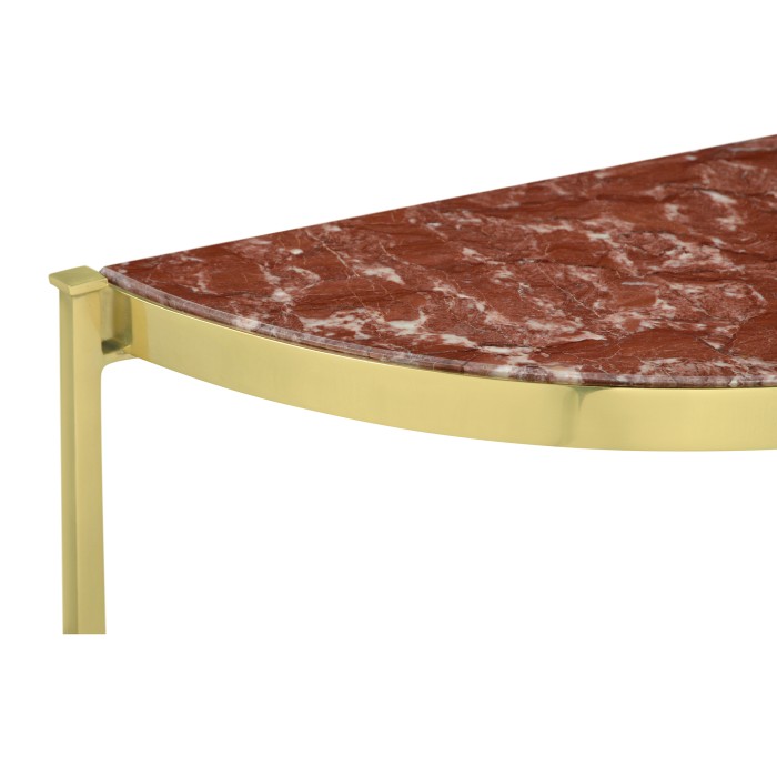 Small Solid Brass & Red Brazil Marble Top Demilune Console Table