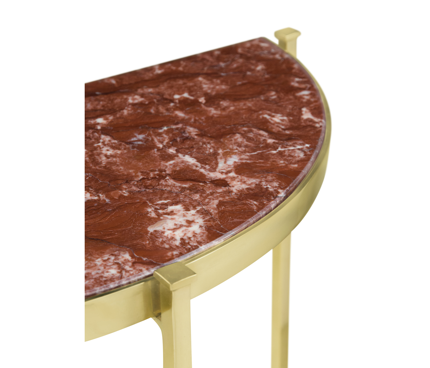Small Solid Brass & Red Brazil Marble Top Demilune Console Table