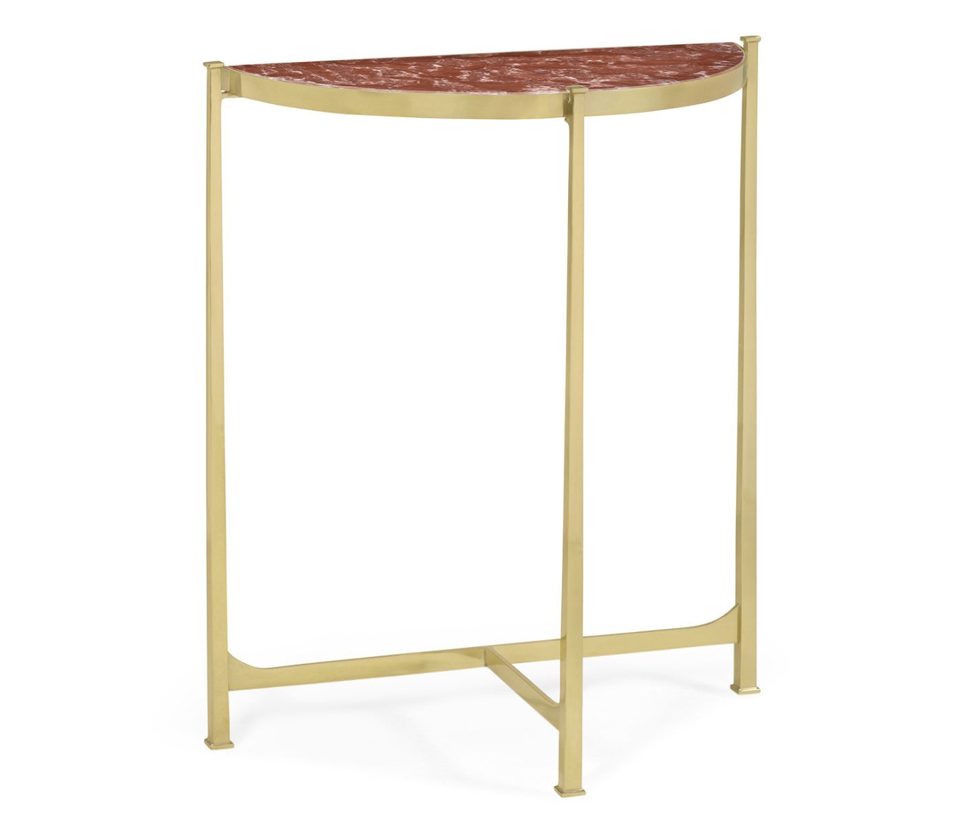 Small Solid Brass & Red Brazil Marble Top Demilune Console Table