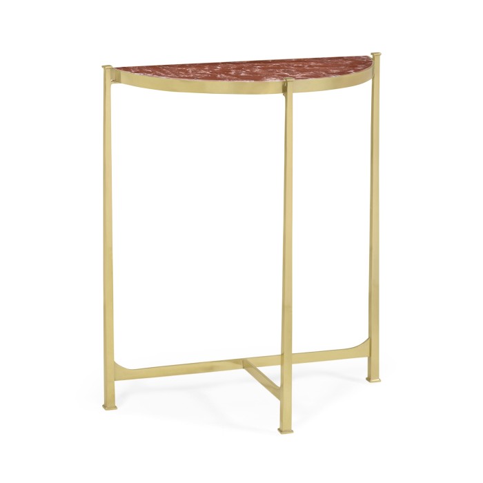 Small Solid Brass & Red Brazil Marble Top Demilune Console Table