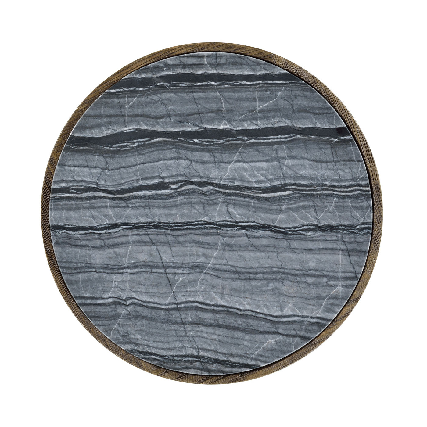 Round Oak End Table with a Grey Marble Top