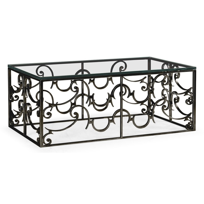 Rectangular Arabesque Bronze Iron Coffee Table with 20mm Clear Glass Top