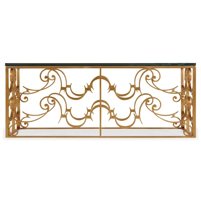 Rectangular Arabesque Gilded Iron Coffee Table with 20mm Clear Glass Top