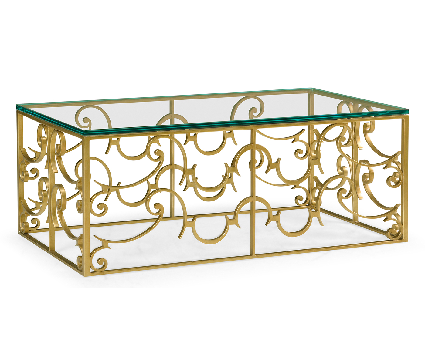 Rectangular Arabesque Gilded Iron Coffee Table with 20mm Clear Glass Top