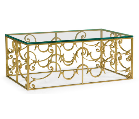 Rectangular Arabesque Gilded Iron Coffee Table with 20mm Clear Glass Top