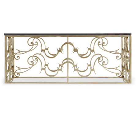 Rectangular Arabesque Silver-Leaf Iron Coffee Table with 20mm Clear Glass Top