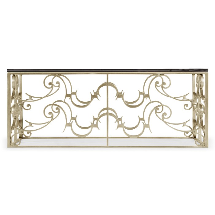 Rectangular Arabesque Silver-Leaf Iron Coffee Table with 20mm Clear Glass Top