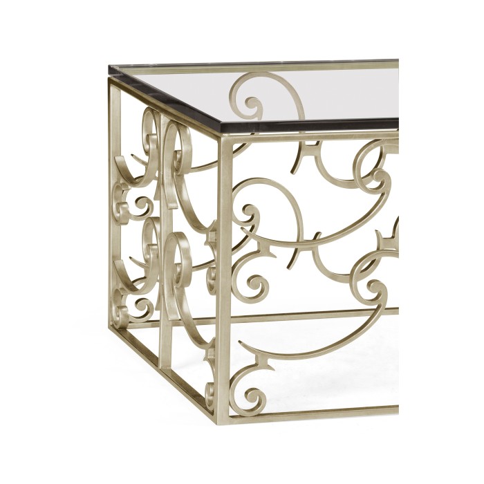 Rectangular Arabesque Silver-Leaf Iron Coffee Table with 20mm Clear Glass Top