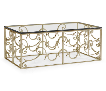 Rectangular Arabesque Silver-Leaf Iron Coffee Table with 20mm Clear Glass Top