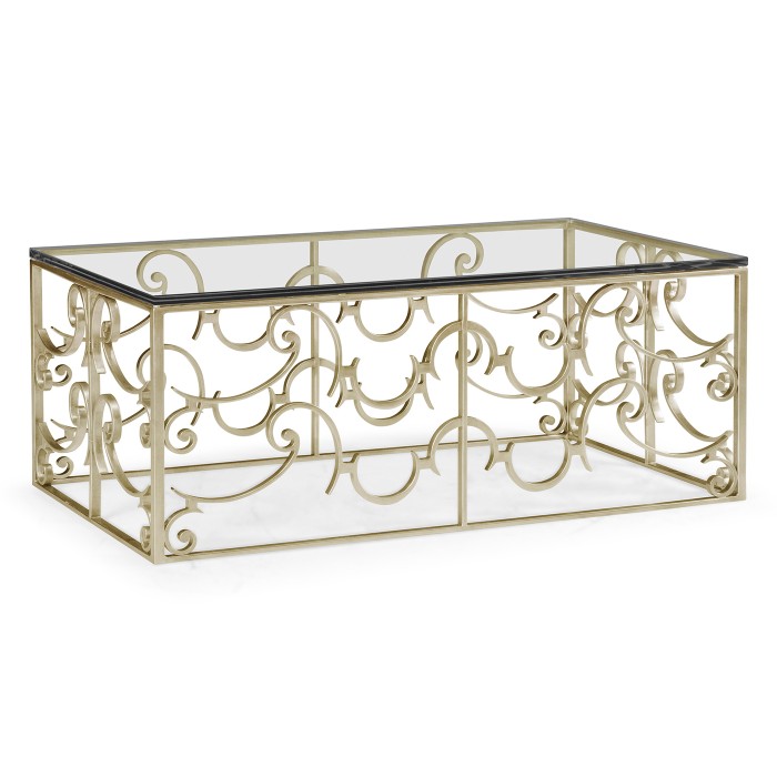 Rectangular Arabesque Silver-Leaf Iron Coffee Table with 20mm Clear Glass Top