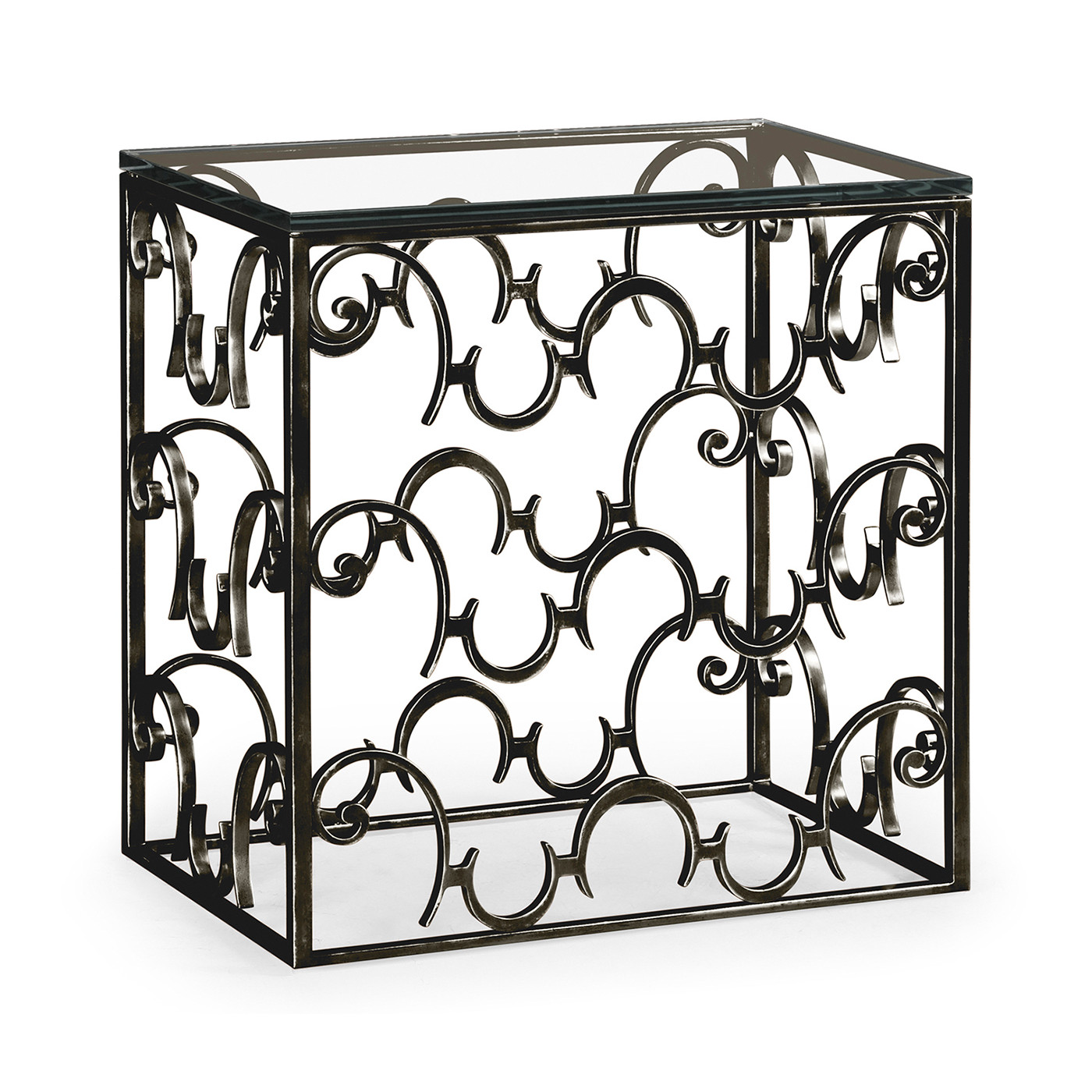 Rectangular Arabesque Bronze Iron End Table with 20mm Clear Glass Top