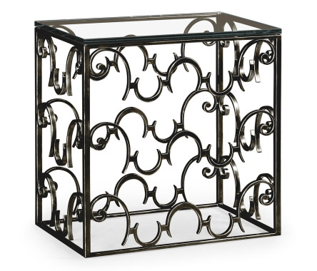 Rectangular Arabesque Bronze Iron End Table with 20mm Clear Glass Top