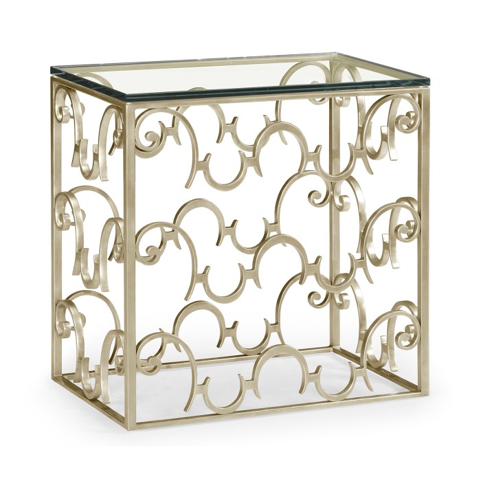 Rectangular Arabesque Silver-Leaf Iron End Table with 20mm Clear Glass Top