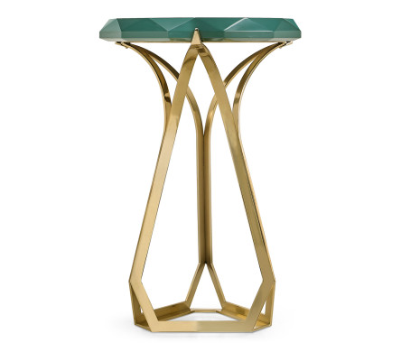 Round Jewel Style Brass & Daphne Blue Diamond Cut End Table