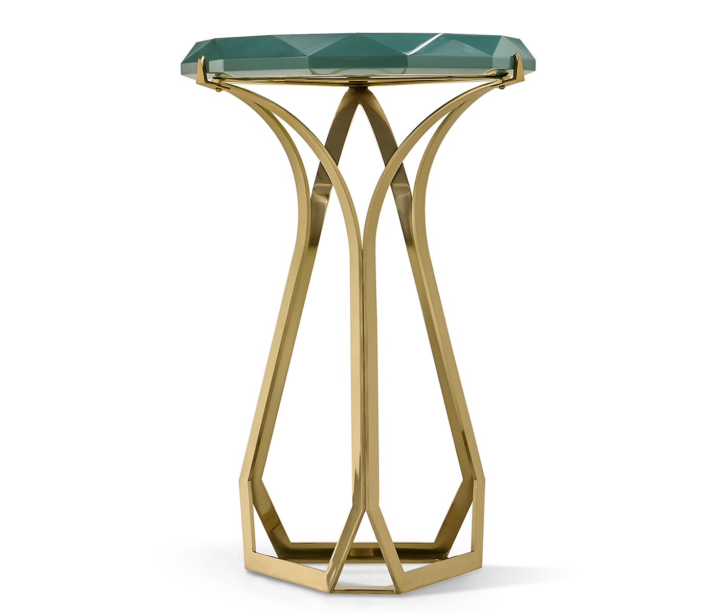 Round Jewel Style Brass & Daphne Blue Diamond Cut End Table