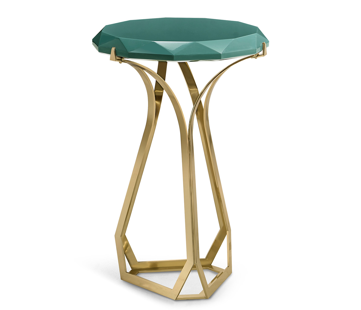 Round Jewel Style Brass & Daphne Blue Diamond Cut End Table