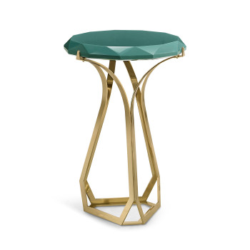Round Jewel Style Brass & Daphne Blue Diamond Cut End Table