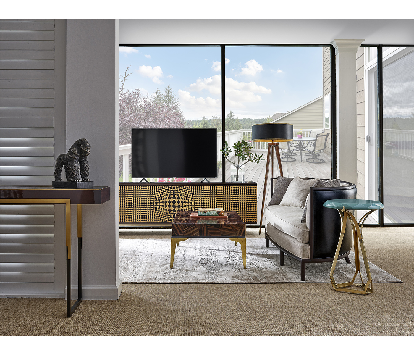 Round Jewel Style Brass & Daphne Blue Diamond Cut End Table