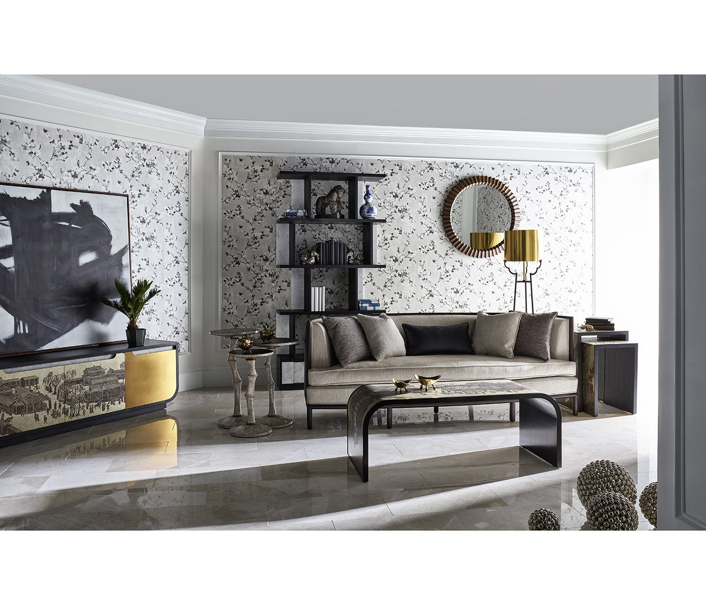 Set of Three Bamboo Style Bone Eggshell & Cerused Oak Nesting Tables