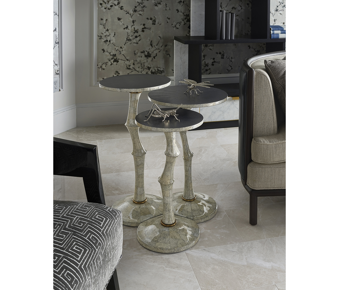 Set of Three Bamboo Style Bone Eggshell & Cerused Oak Nesting Tables