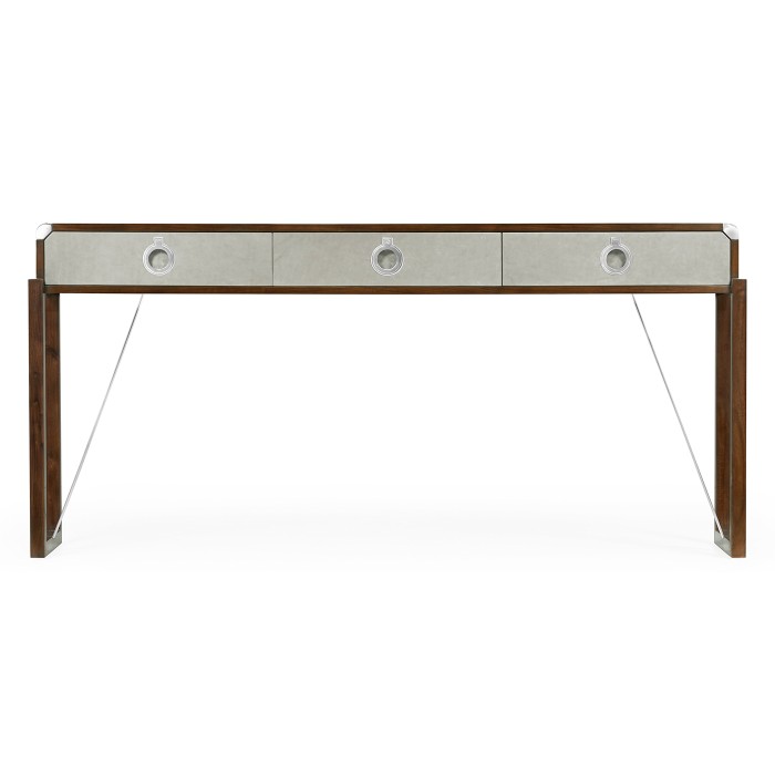 Campaign Style Dark Santos Rosewood & Grey Leather Console Table with Drawers