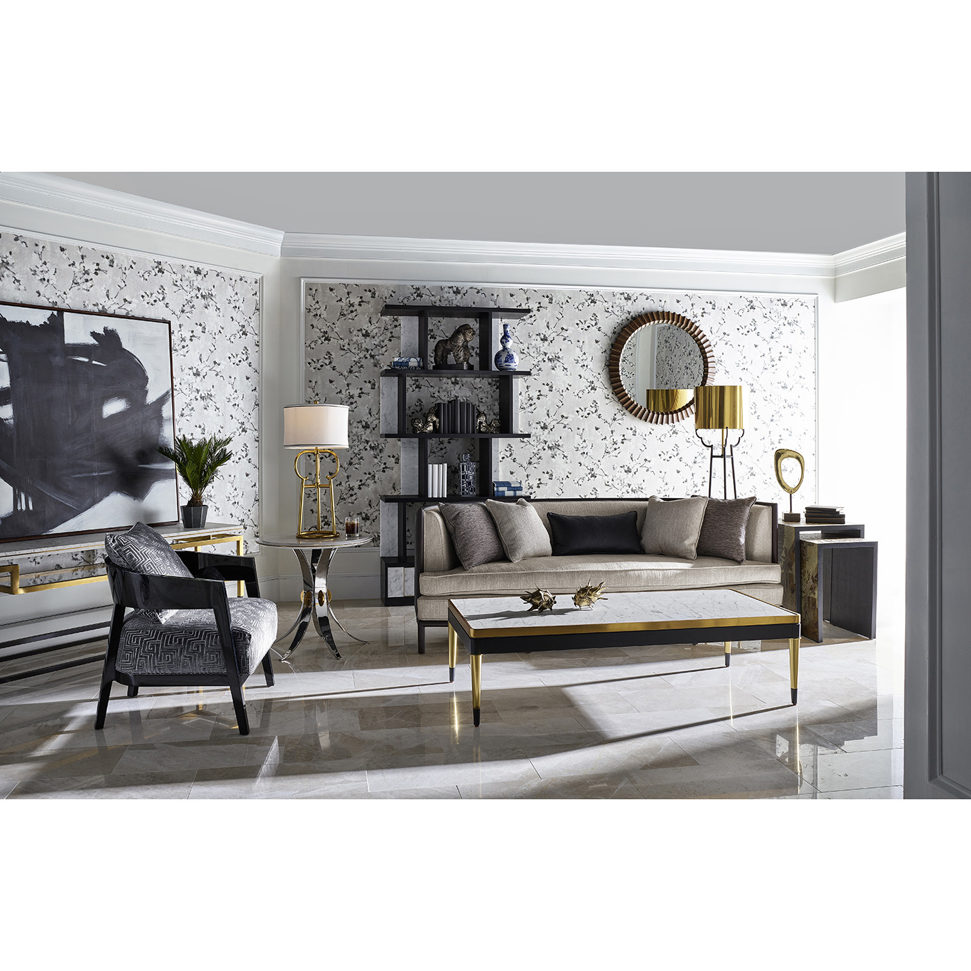 Contemporary Antique Satin Gold Brass & Black Stainless Steel Floor Lamp