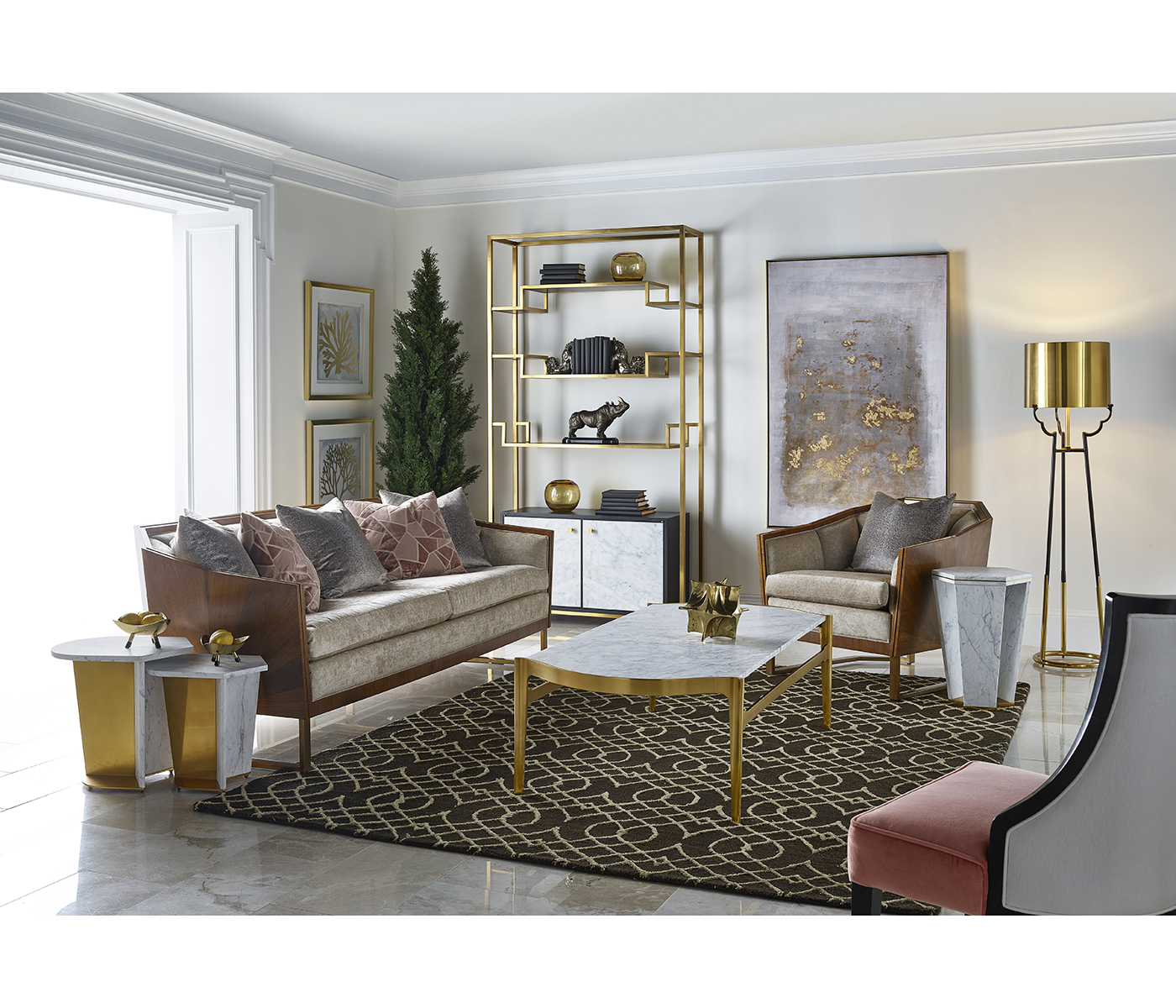 Contemporary Antique Satin Gold Brass & Black Stainless Steel Floor Lamp