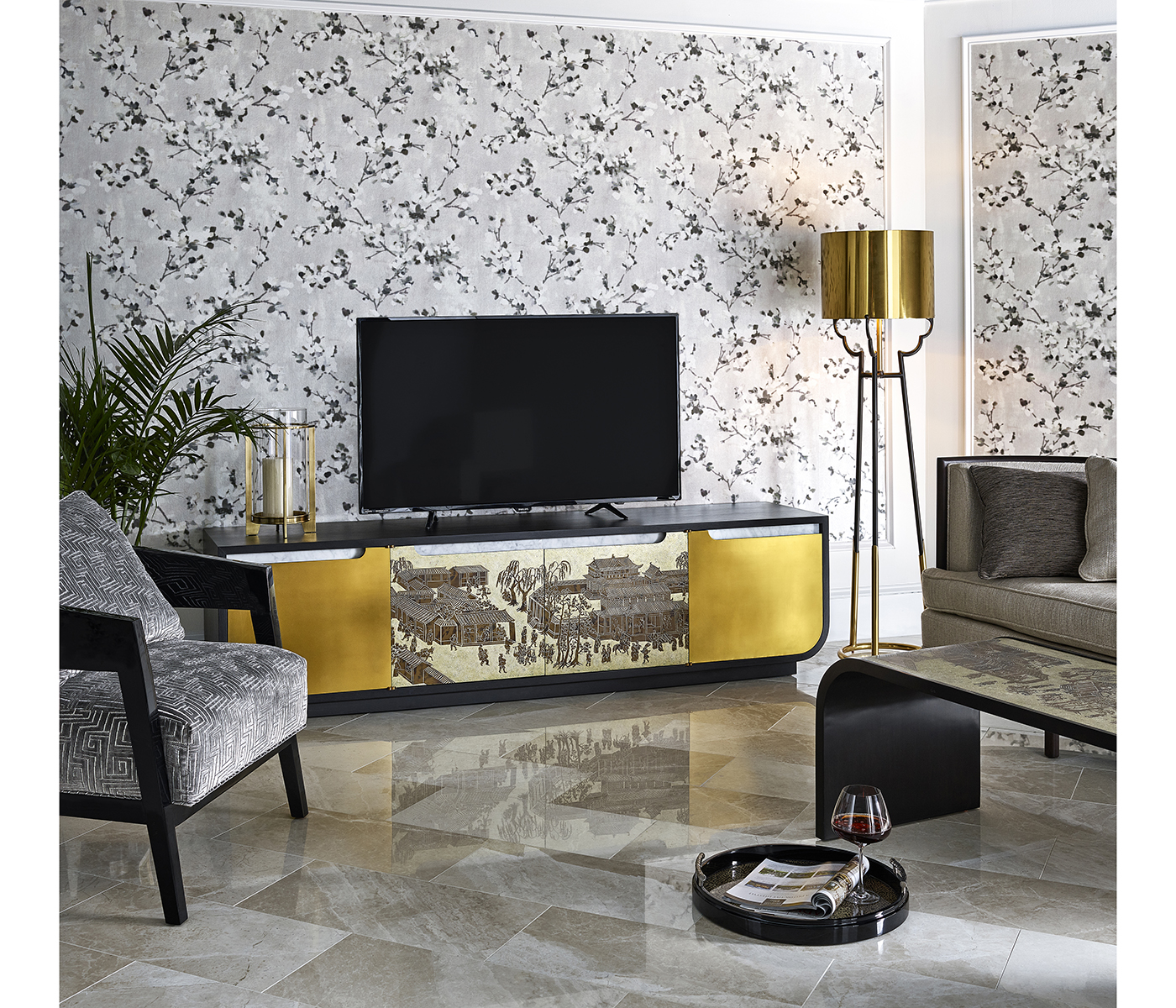 Contemporary Antique Satin Gold Brass & Black Stainless Steel Floor Lamp