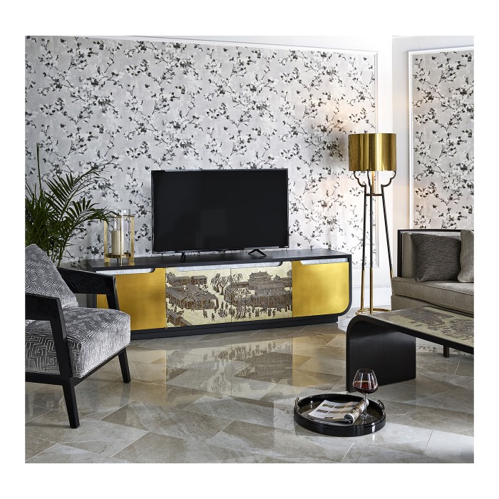 Contemporary Antique Satin Gold Brass & Black Stainless Steel Floor Lamp