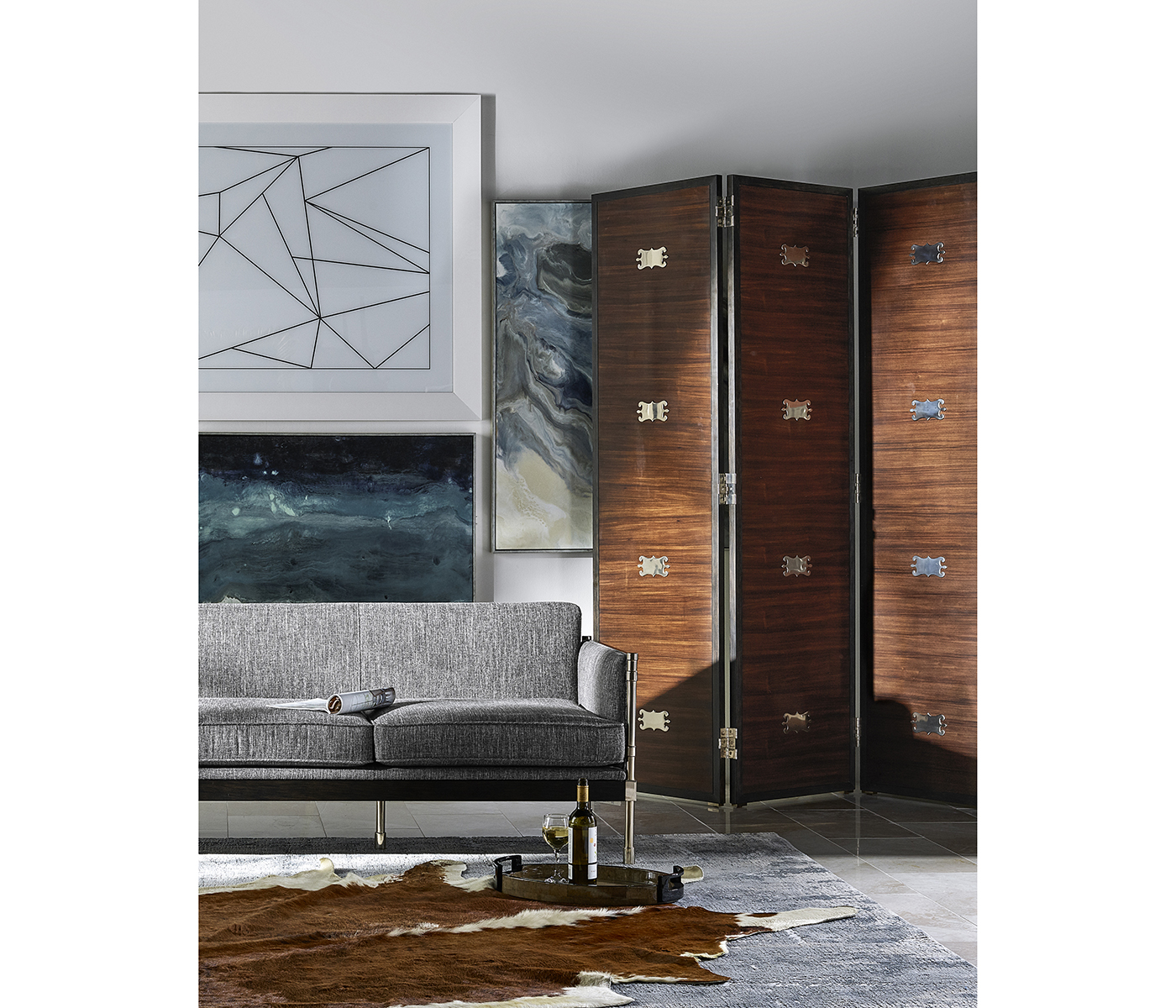 Campaign Style Dark Santos Rosewood Screen, Upholstered in COM