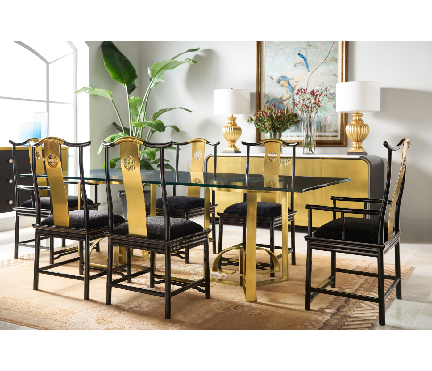 Fusion Rounded Black Gloss & Brass Dining Arm Chair